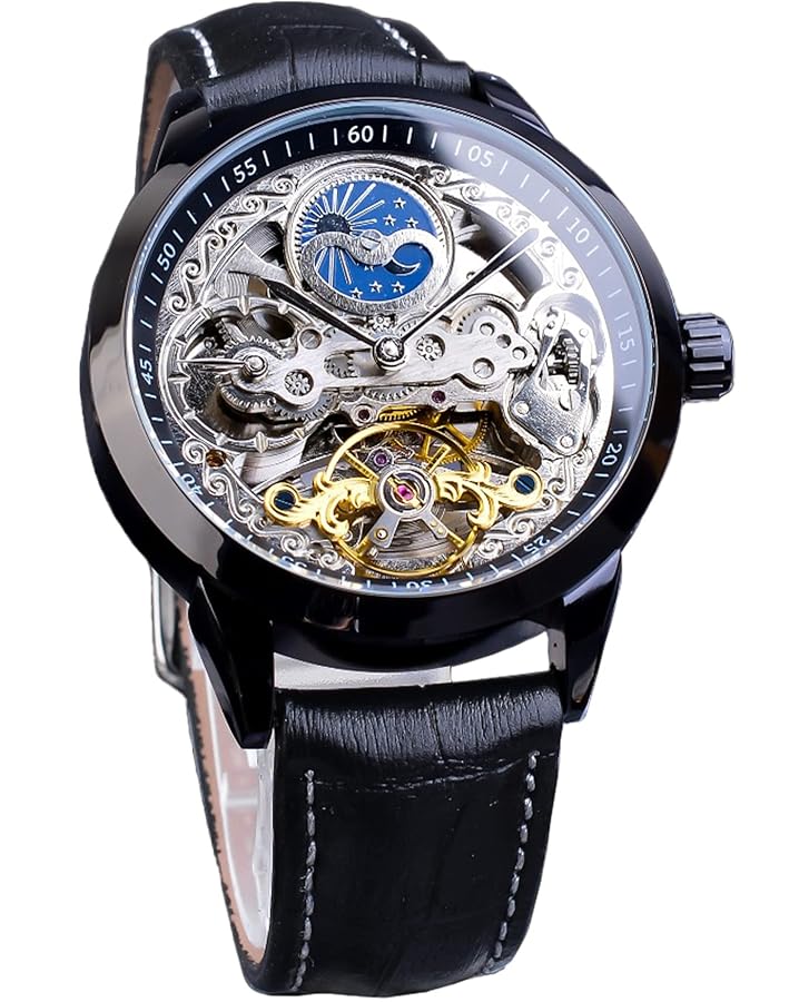 FORSINING Men's Skeleton Moon Phase Watch Mechanical Self